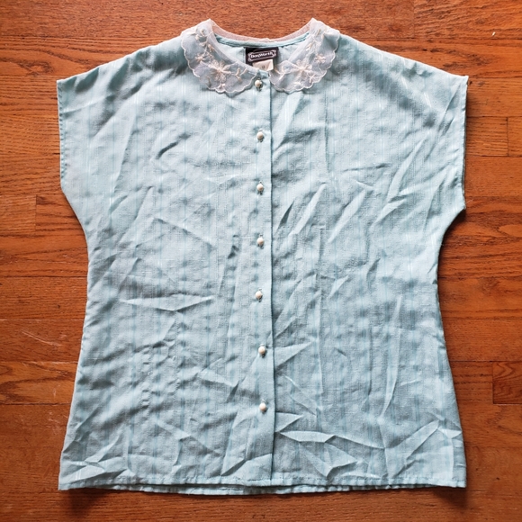 Vintage 1980s pale baby blue button up lace Peter pan collar sleeveless Large L - Picture 1 of 9